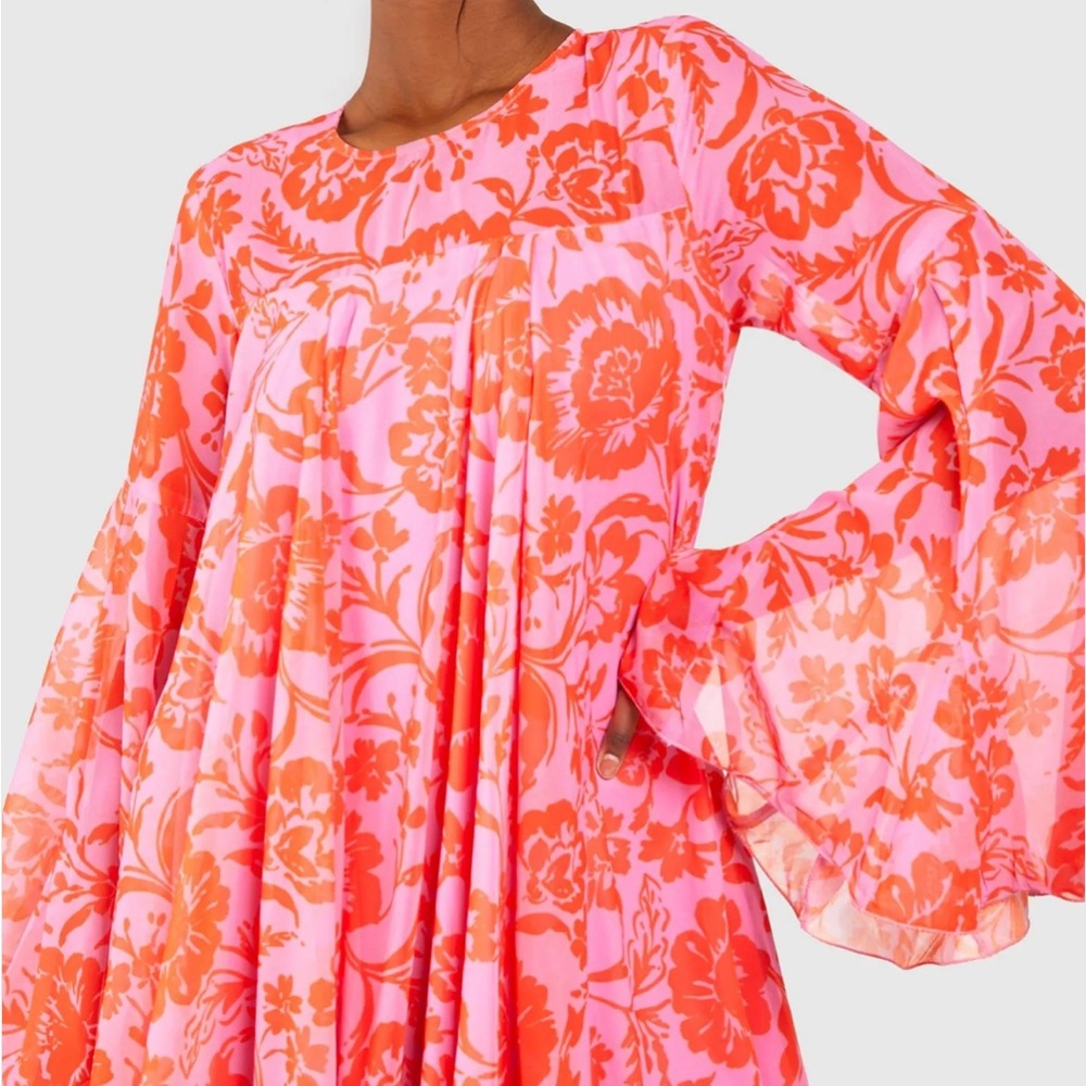 Boohoo Plus Pink and Orange Floral Mock Dress with flutter arm detail